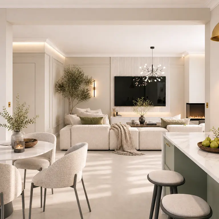 Nowoczesny salon w stylu quiet luxury z jasnym wystrojem.