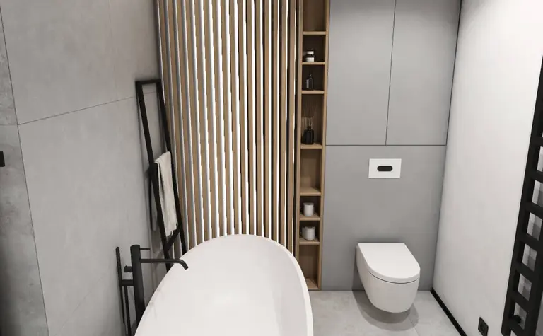 Nowoczesna łazienka z wanną, drewnem i minimalistycznym designem.