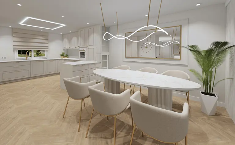 Kuchnia w stylu glamour z nowoczesnymi meblami i białym blatem.