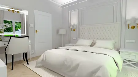 Sypialnia w stylu glamour z białym łóżkiem, lustrem i stylowymi dodatkami.
