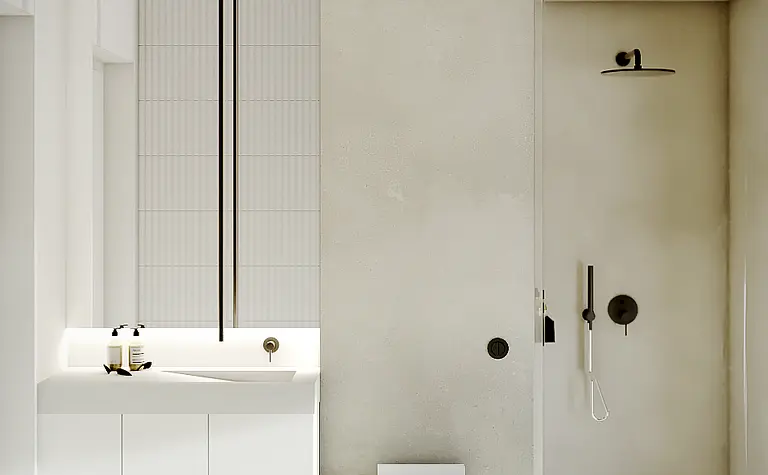 Nowoczesna łazienka z minimalistycznym designem, w stylu skandynawskim i soft minimalizmie.