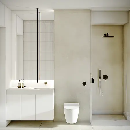Nowoczesna łazienka z minimalistycznym designem, w stylu skandynawskim i soft minimalizmie.