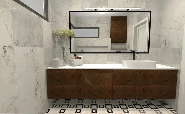 Współczesna łazienka z marmurowymi płytkami, drewnianą szafką i dużym lustrem.