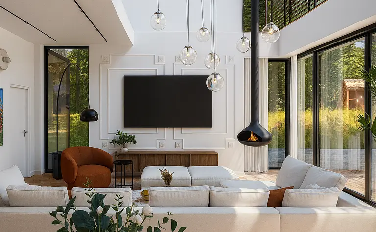 Wnętrze salonu z białą sofą, brązowym fotelem, styl art deco, eklektyczny, minimalistyczny, współczesny