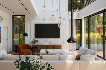 Wnętrze salonu z białą sofą, brązowym fotelem, styl art deco, eklektyczny, minimalistyczny, współczesny