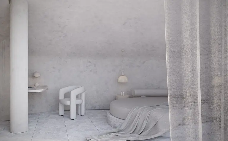 Minimalistyczna sypialnia w stylu japandi z szarymi ścianami i nowoczesnymi meblami.