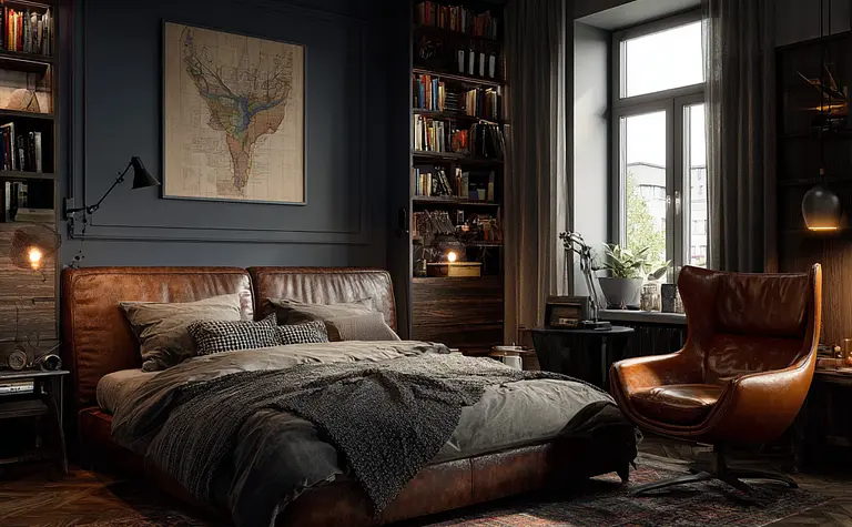 Sypialnia w stylu industrialnym z brązowym łóżkiem, regałem i oknem.