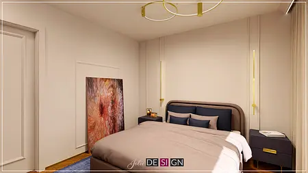 Sypialnia w stylu art deco z beżowym łóżkiem i obrazem na ścianie.