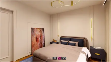 Sypialnia w stylu art deco z beżowym łóżkiem i obrazem na ścianie.