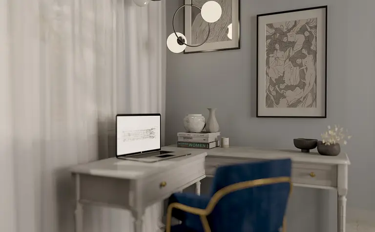 Wnętrze gabinetu z biurkiem, niebieskim fotelem oraz minimalistycznymi akcentami.