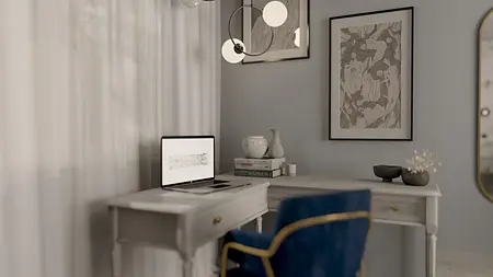 Wnętrze gabinetu z biurkiem, niebieskim fotelem oraz minimalistycznymi akcentami.
