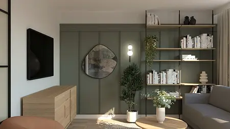 Wnętrze w stylu boho i japandi z zieloną ścianą, drewnianymi meblami i roślinami.