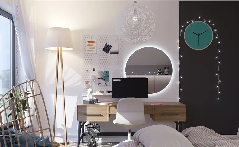 Wnętrze pokoju z biurkiem, lampą i dekoracjami boho, nowoczesnymi oraz skandynawskimi.