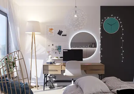 Wnętrze pokoju z biurkiem, lampą i dekoracjami boho, nowoczesnymi oraz skandynawskimi.