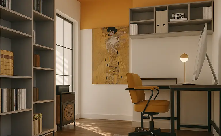 Wnętrze gabinetu z biurkiem, półkami i obrazem, art deco, dopamine decor, eklektyczny, nowoczesny, współczesny.