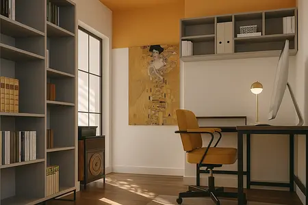 Wnętrze gabinetu z biurkiem, półkami i obrazem, art deco, dopamine decor, eklektyczny, nowoczesny, współczesny.