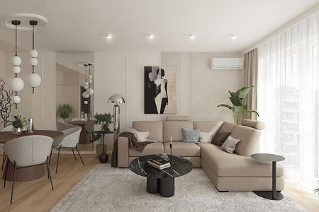 Wnętrze salonu z beżową sofą, czarnym stolikiem i roślinami, styl minimaluxe.