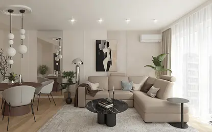 Wnętrze salonu z beżową sofą, czarnym stolikiem i roślinami, styl minimaluxe.