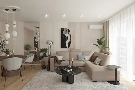 Wnętrze salonu z beżową sofą, czarnym stolikiem i roślinami, styl minimaluxe.