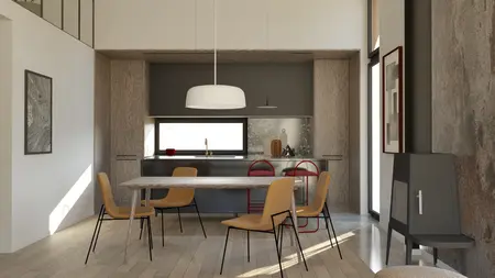 Nowoczesna jadalnia w stylu eklektycznym z drewnianym stołem i kolorowymi krzesłami.
