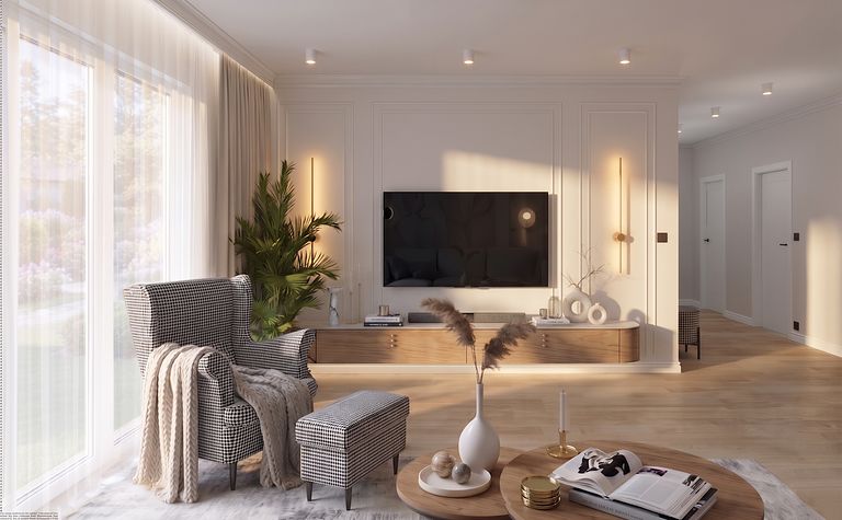 Wnętrze salonu z dużymi oknami, rośliną i drewnianymi meblami w stylu dopamine decor.