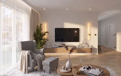 Wnętrze salonu z dużymi oknami, rośliną i drewnianymi meblami w stylu dopamine decor.