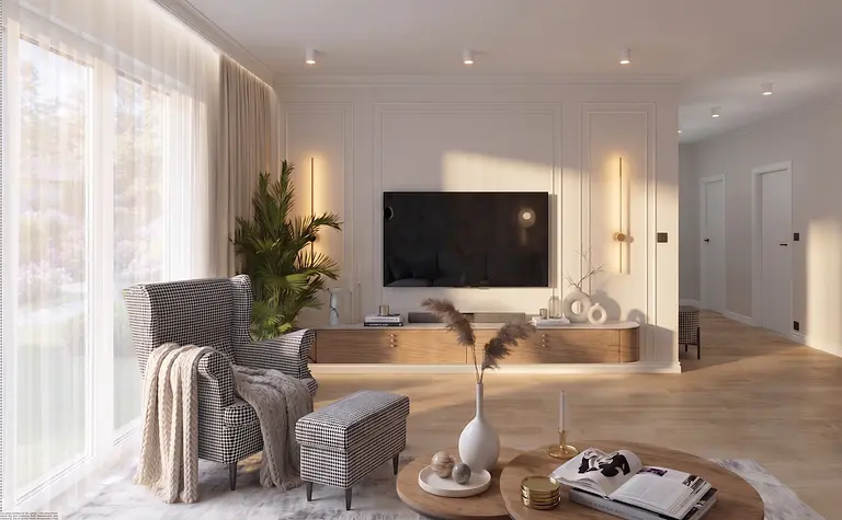 Wnętrze salonu z dużymi oknami, rośliną i drewnianymi meblami w stylu dopamine decor.