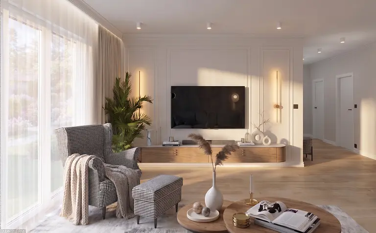 Wnętrze salonu z dużymi oknami, rośliną i drewnianymi meblami w stylu dopamine decor.