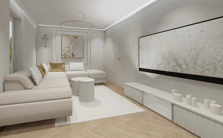 Wnętrze salonu w stylu glamour z beżową sofą i nowoczesnymi dodatkami.