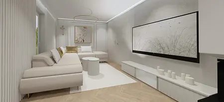 Wnętrze salonu w stylu glamour z beżową sofą i nowoczesnymi dodatkami.