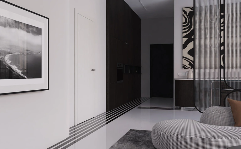 Wnętrze z elementami art deco i minimalistycznymi, z szarym dywanem i czarnymi meblami.