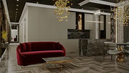 Wnętrze z art deco, nowoczesny styl, czerwona sofa i marmurowe wykończenia.