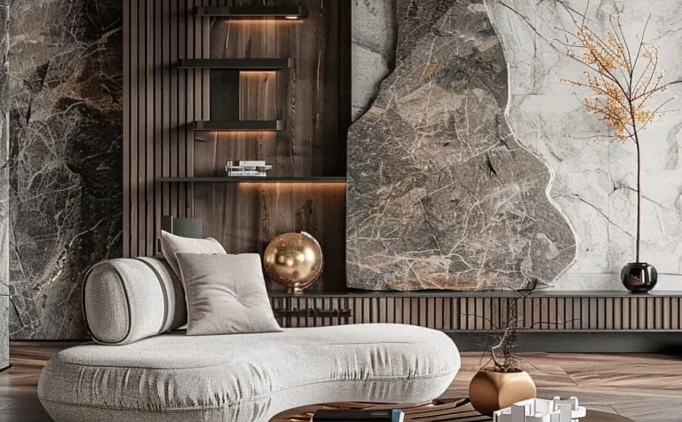 Wnętrze salonu z szarymi i drewnianymi elementami, art deco, minimalistyczny, nowoczesny, glamour.