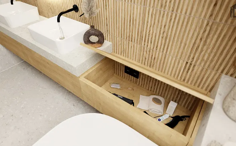 Minimalistyczna łazienka z dwiema umywalkami i drewnianymi detalami.