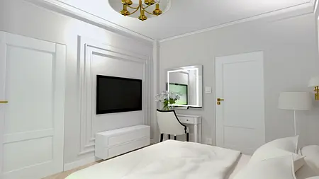 Wnętrze sypialni z białym łóżkiem, lustrem i telewizorem, styl glamour.