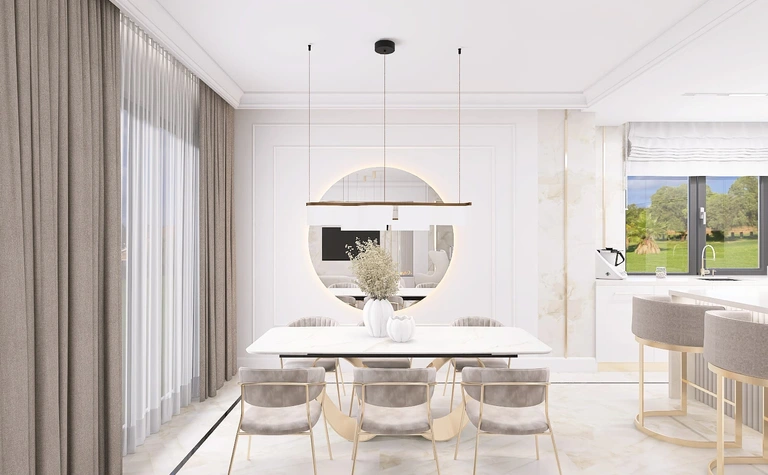 Wnętrze jadalni z minimalistycznym designem, nowoczesne meble i styl quiet luxury.