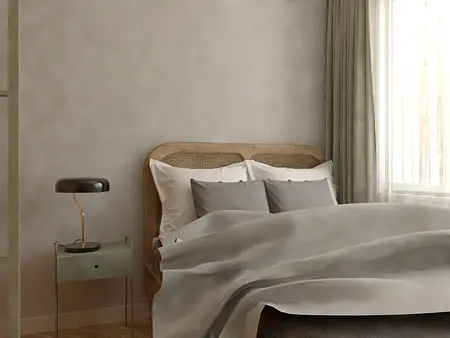 Sypialnia w stylu soft minimalizm z vintage akcentami, nowoczesne łóżko, szare zasłony.