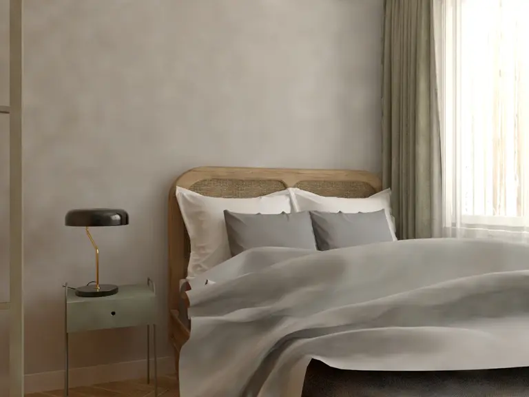 Sypialnia w stylu soft minimalizm z vintage akcentami, nowoczesne łóżko, szare zasłony.
