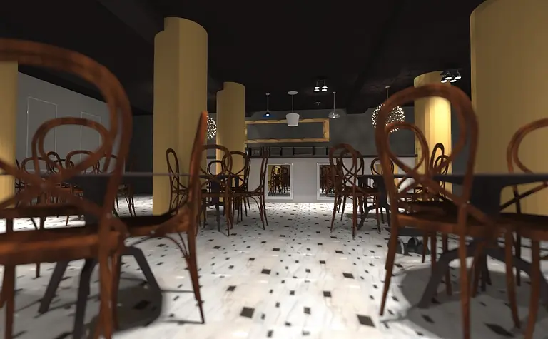 Wnętrze kawiarni z brązowymi krzesłami i żółtymi akcentami, styl eklektyczny.