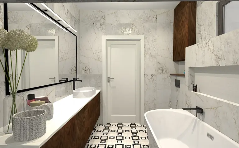 Współczesna łazienka z drewnianymi akcentami i białą wanną.