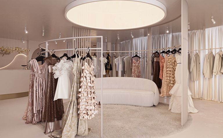 Garderoba w stylu quiet luxury z eleganckimi sukienkami na wieszakach.