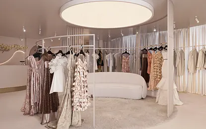 Garderoba w stylu quiet luxury z eleganckimi sukienkami na wieszakach.