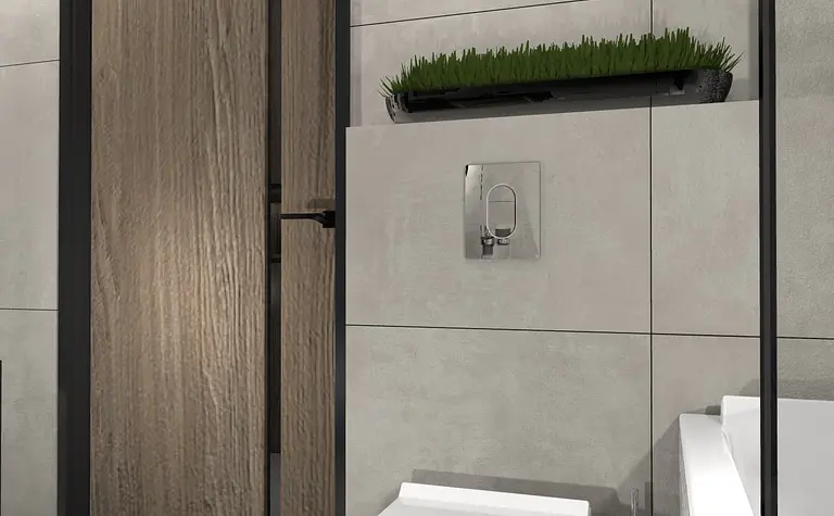 Wnętrze łazienki w stylu industrialnym z minimalistycznymi akcentami i nowoczesnymi detalami.