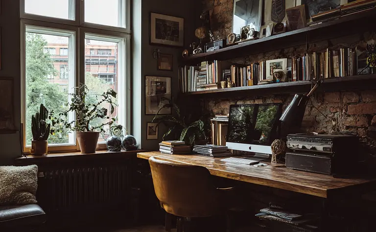 Gabinet w stylu industrialnym z drewnianym biurkiem, roślinami i ceglaną ścianą.