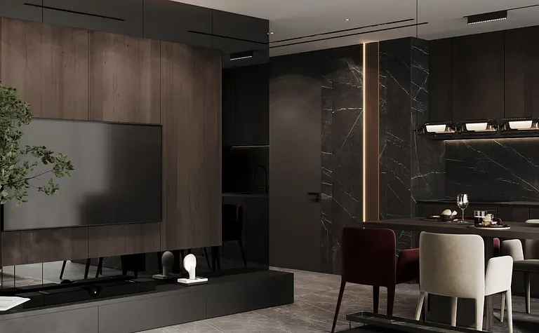 Nowoczesne wnętrze z drewnianą ścianą, minimalistycznym wystrojem i eleganckim oświetleniem.