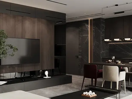 Nowoczesne wnętrze z drewnianą ścianą, minimalistycznym wystrojem i eleganckim oświetleniem.