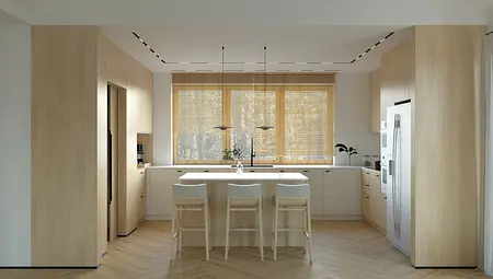 Nowoczesna kuchnia japandi z drewnianymi akcentami i minimalistycznym designem.