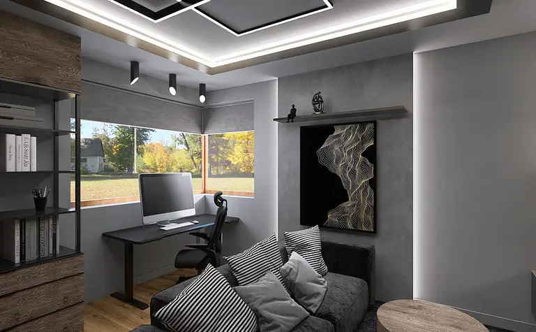 Nowoczesne biuro z biurkiem, komputerem i stylowymi akcentami.