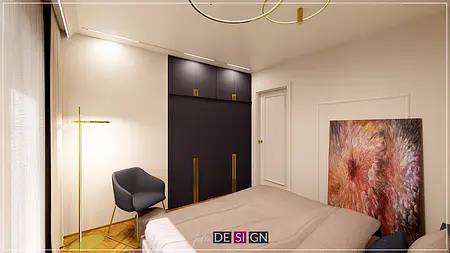 Wnętrze sypialni z szafą art deco, szarym fotelem i obrazem.