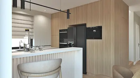 Wnętrze kuchni w stylu boho, japandi i minimalistycznym z drewnianymi meblami.